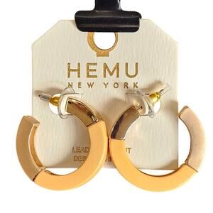 Hoop Earrings Yellow, Gold Tone Chunky Acrylic 1.19" HEMU New York w/ Gift Bag